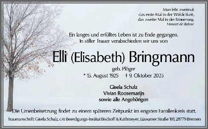 Trauerfall Elisabeth Bringmann