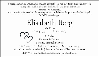 Trauerfall Elisabeth Berg