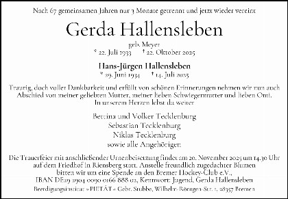 Trauerfall Gerda Hallensleben