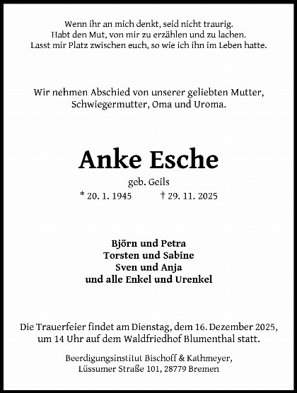 Trauerfall Anke Esche