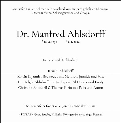 Trauerfall Dr. Manfred Ahlsdorff