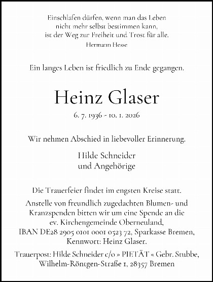 Trauerfall Heinz Glaser